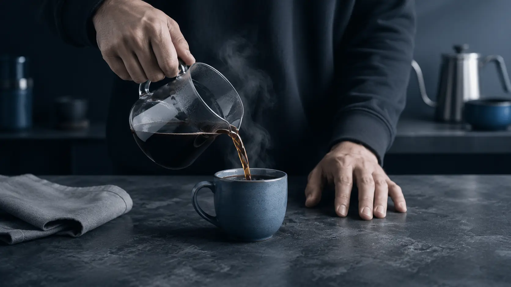 Hands pouring coffee from a glass carafe into a mug, steam rising, on a dark charcoal-blue counter